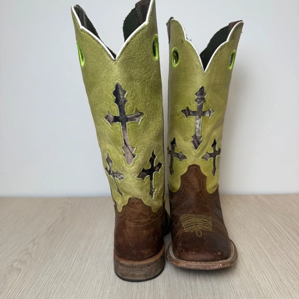 Ariat Kids Heritage Western Cowboy Boots Leather Cross Embroidered Size 12